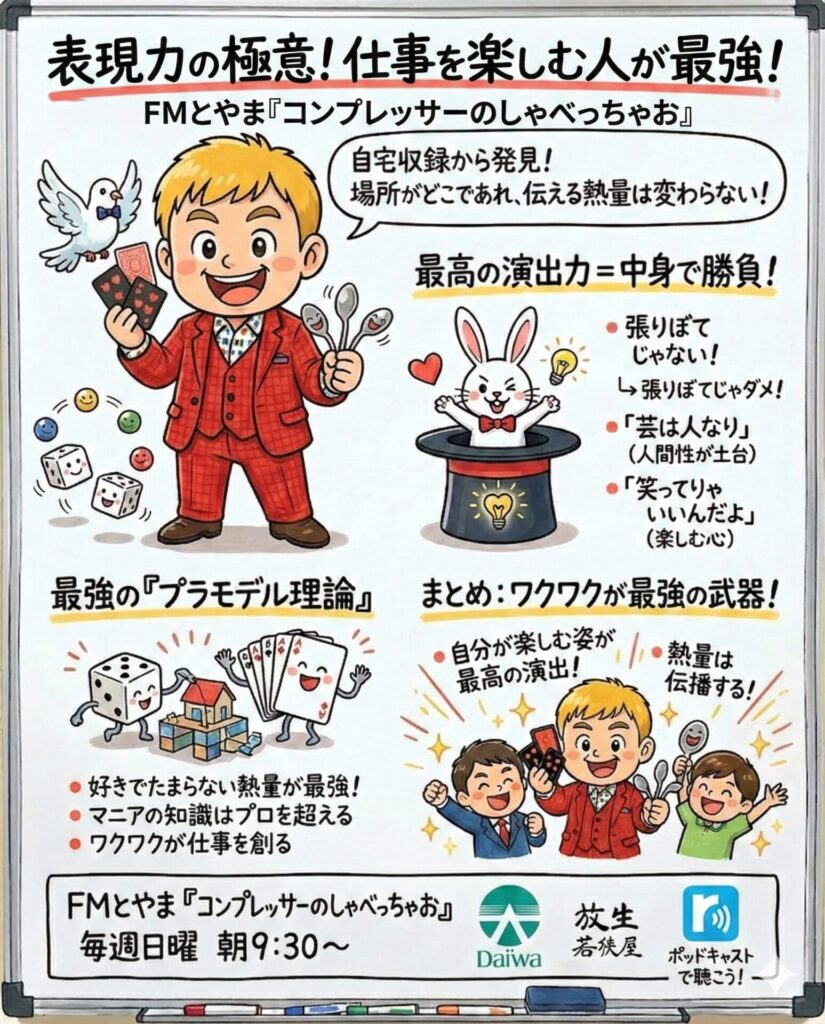 【表現力の極意】仕事を楽しむ人が最強!「プラモデル理論」から学ぶ3つの演出術 2 赤いスーツのマジシャンが鳩とトランプを持ち、「表現力の極意は仕事を楽しむこと」「プラモデル理論」などラジオ放送の要点をホワイトボード風にまとめている
今回の放送を一枚で振り返れる、ワクワクが詰まったビジュアルまとめです
