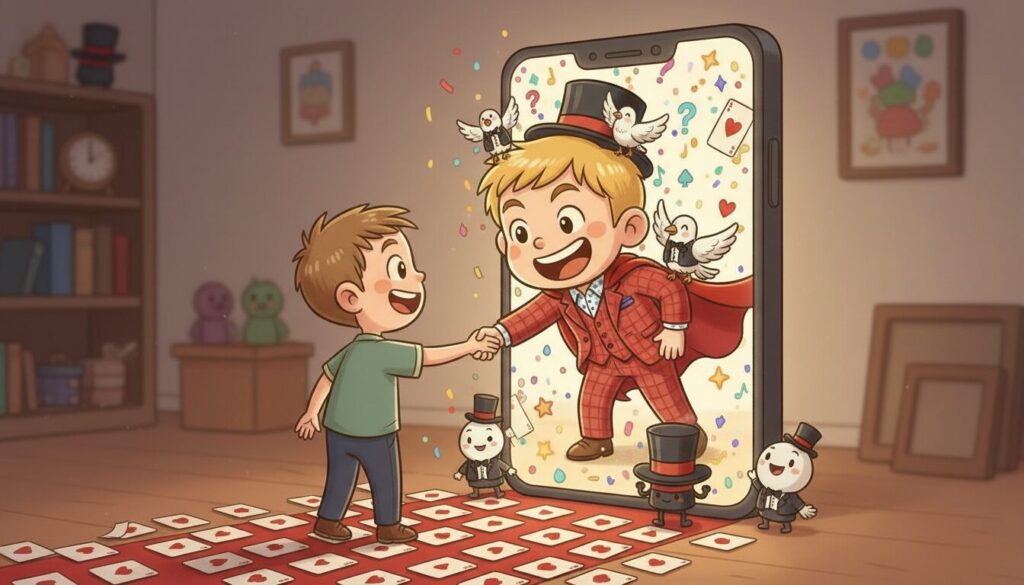 「インフルエンサー」とは違う道。オフラインで人に会い続けるマジシャンが、富山で気づいたこと 3 スマートフォン画面から飛び出すマジシャンと少年が握手するイラスト。足元にはトランプが道のように並ぶ
オンラインの出会いからリアルな感動へつながる瞬間