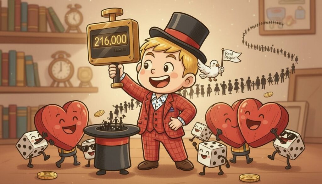 「インフルエンサー」とは違う道。オフラインで人に会い続けるマジシャンが、富山で気づいたこと 1 シルクハットのマジシャンが216,000の数字を掲げ、ハート型キャラクターやサイコロに囲まれて笑顔で立つイラスト
対面だからこそ届けられる「不思議×笑い×人間味」の価値を象徴する一枚