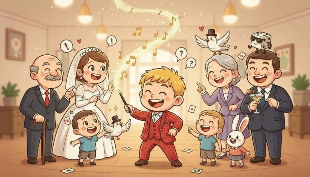 「インフルエンサー」とは違う道。オフラインで人に会い続けるマジシャンが、富山で気づいたこと 2 結婚披露宴でマジシャンが魔法の杖を振り、新郎新婦や子ども、年配のゲストが笑顔で驚く様子のイラスト
年齢を問わず全員が一体となって楽しめる、出張マジックショーの醍醐味