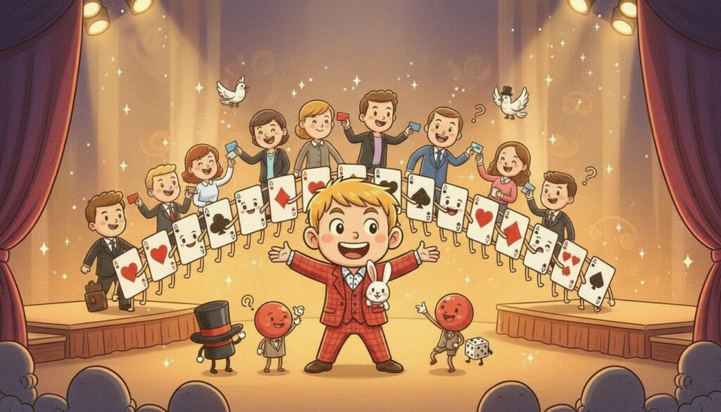 「インフルエンサー」とは違う道。オフラインで人に会い続けるマジシャンが、富山で気づいたこと 4 ステージ上でマジシャンがトランプキャラクターと観客に囲まれ、両手を広げてパフォーマンスするイラスト
ステージに立つマジシャンと観客が一緒に作り上げる、ライブならではの空間