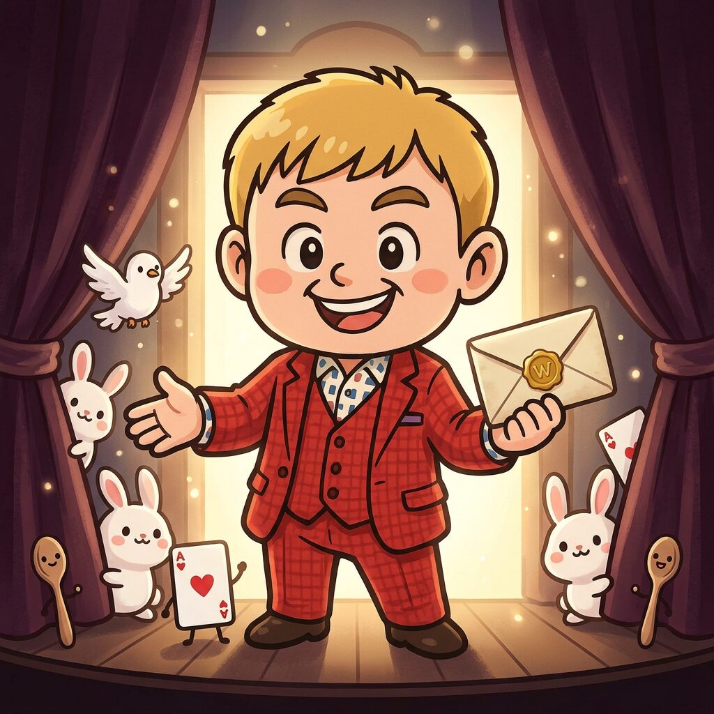 マジシャンキャラが手を差し伸べてお問い合わせを誘うイラスト