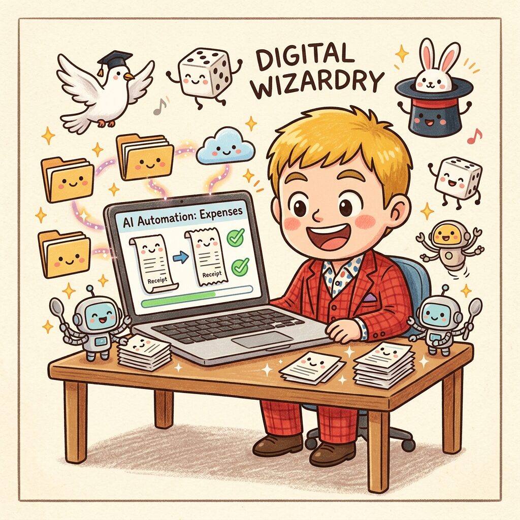 マジシャンキャラがPCでAI自動化をデモンストレーションしているイラスト