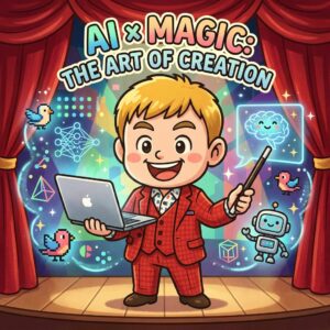 マジシャン社長がAIとマジックを融合させたステージ講演のイラスト
