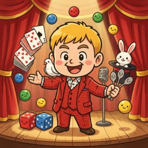 出張マジックショーの料金ガイド。金髪に赤チェックスーツのチビキャラ風プロマジシャンがステージで両手を広げ、トランプ・ハト・サイコロ・ウサギなど擬人化したマジック道具たちに囲まれる温かいイラスト
