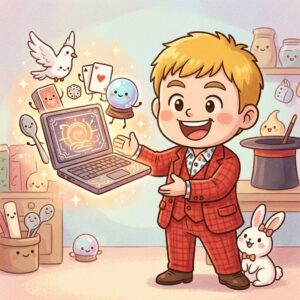 IDE×AI×Obsidianで事務所管理するマジシャンのチビキャラ風イラスト。金髪赤チェックスーツのマジシャンがノートPCを手に、擬人化した鳩やトランプたちと笑顔で仕事する温かい絵本風イラスト