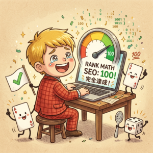 Rank Math SEOスコアが自動で100点に到達。感動するマジシャンの前でスコアメーターが飛び出し、擬人化トランプがチェックマーク旗を振るチビキャラ風イラスト