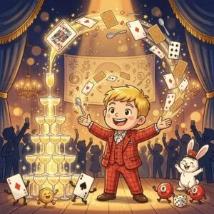 企業パーティー・周年記念マジックショー完全ガイド2026年版 金髪に赤チェックスーツのチビキャラ風プロマジシャンがホテル宴会場のステージでシャンパングラスタワーと紙吹雪を背景にステージマジックを披露する華やかなイラスト