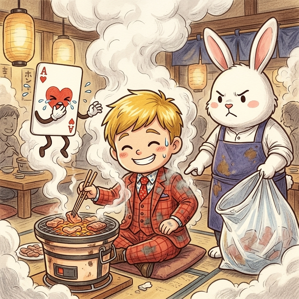 煙モクモクのホルモン屋で店主にゴミ袋を差し出されるコンプレッサーのチビキャラ風イラスト