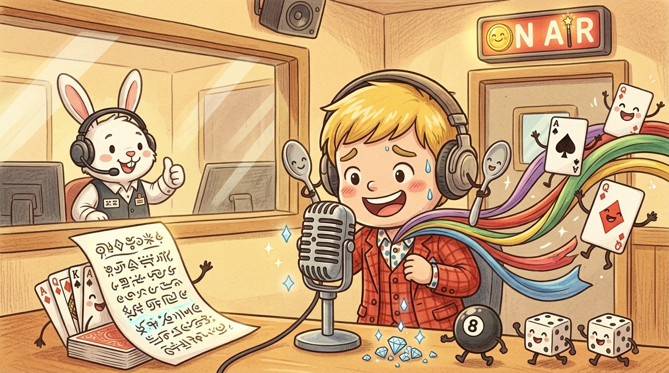 FMとやまのラジオスタジオで初回収録に挑むマジシャンのチビキャラ風イラスト。緊張しながらマイクに向かう姿