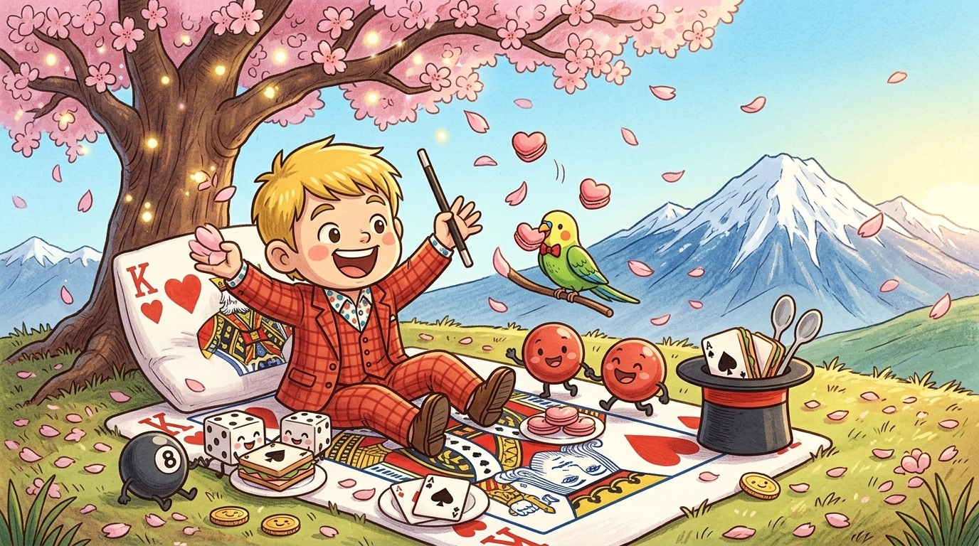 富山の満開の桜の下で家族とお花見を楽しむマジシャン・コンプレッサーのチビキャラ風イラスト。立山連峰が背景