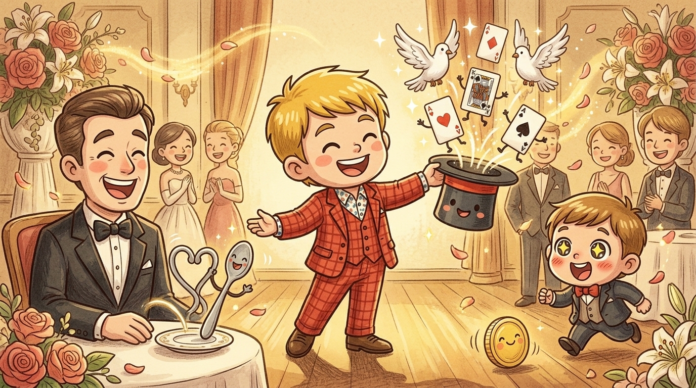 結婚式場の待合スペースでゲストの緊張を笑顔に変えるテーブルマジックのチビキャラ風イラスト