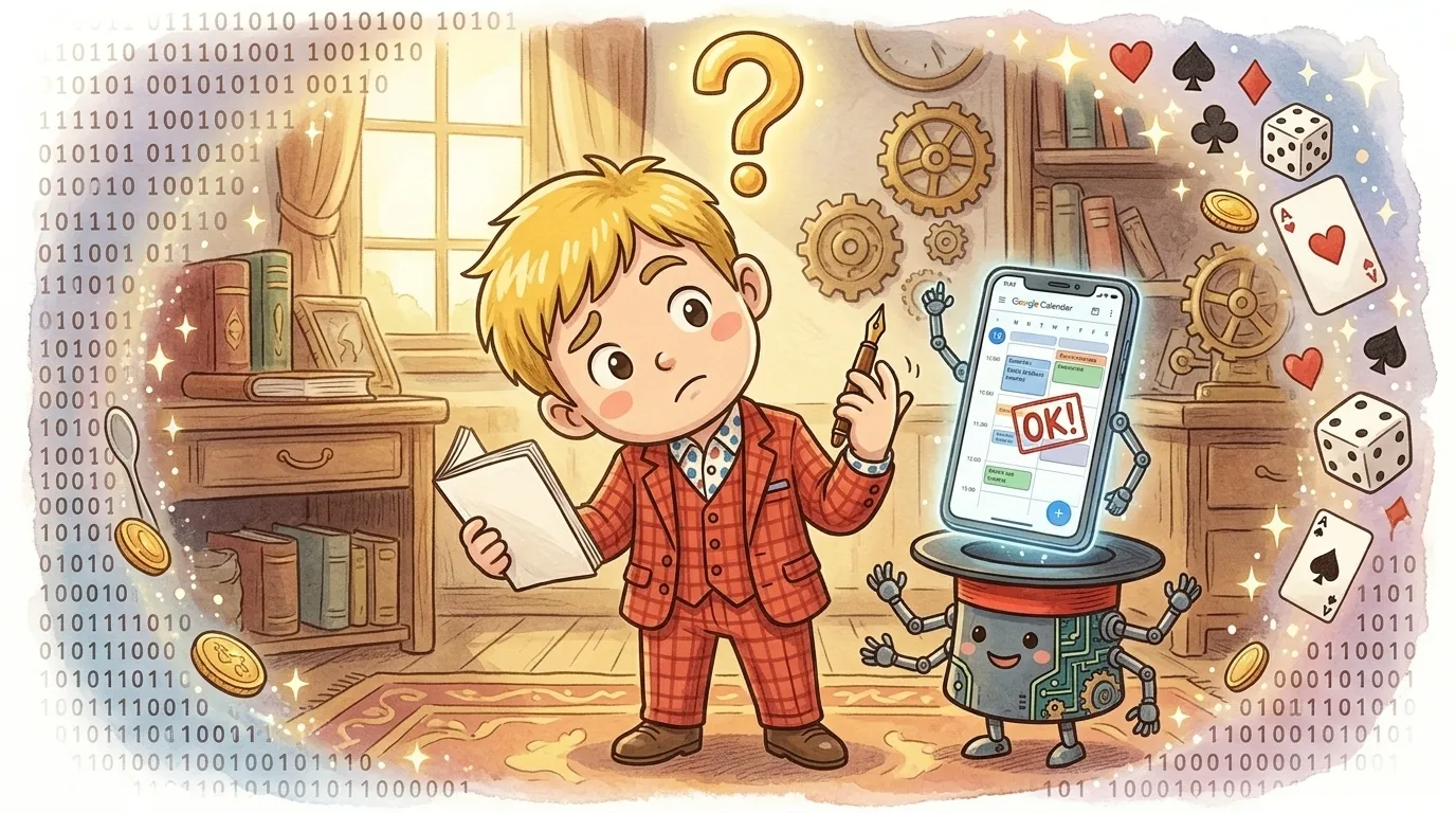 AIエージェントにカレンダー入力をお願いしたものの、入力したかどうか記憶が曖昧になっているマジシャン・コンプレッサーのチビキャラ風イラスト。人間とAIの境界線を考えるイメージ