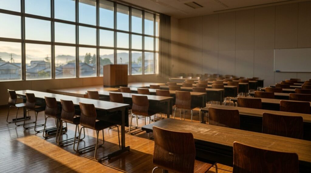 朝6時の会場。朝日が差し込む無人の会議室に並んだ椅子と演台