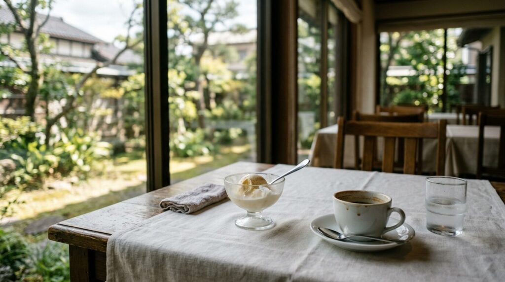 ホテルのレストランのテーブル。溶けかけたアイスクリームとコーヒーカップ