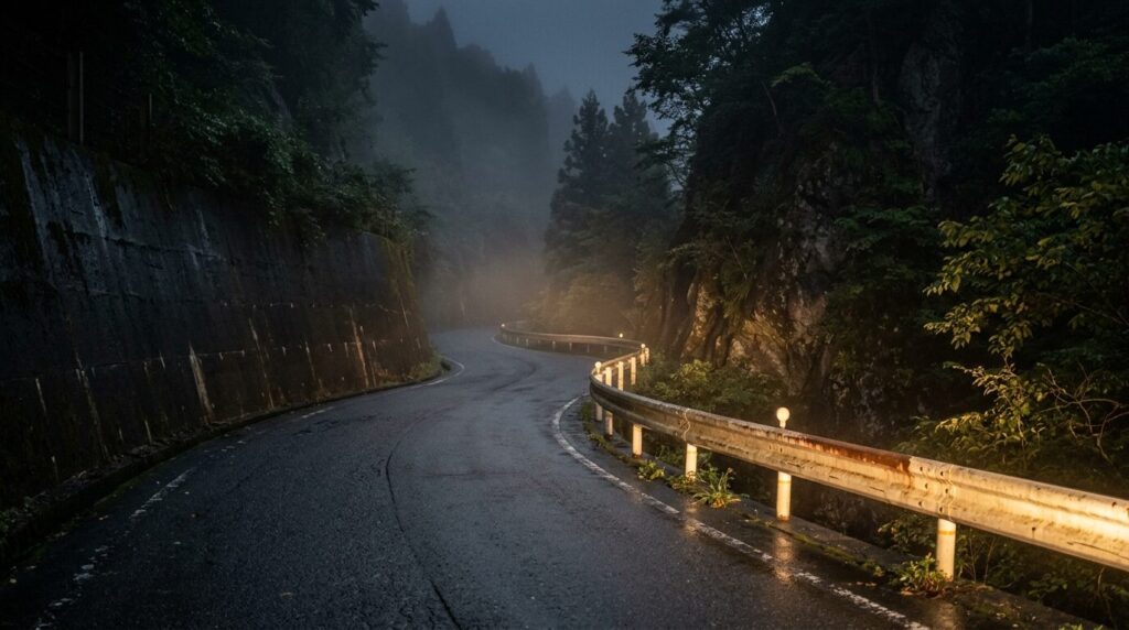 霧が立ち込める深夜の狭い山道
