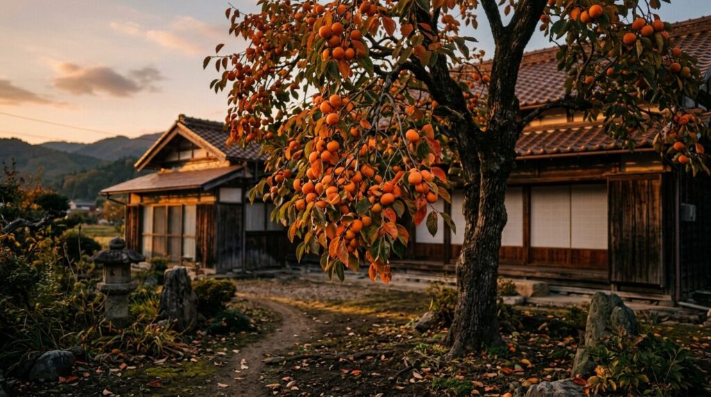 秋の夕暮れ、実をたくさんつけた柿の木と田舎の家の裏庭