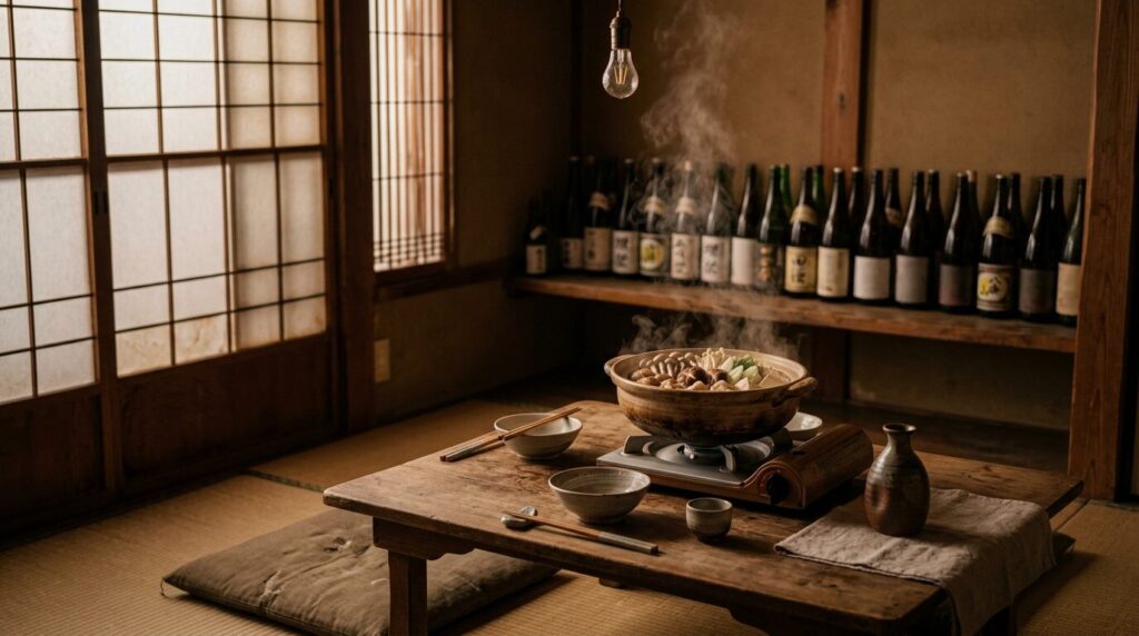 古民家の居間の食卓に用意されたキノコ鍋と手作りの棚に並ぶ日本酒