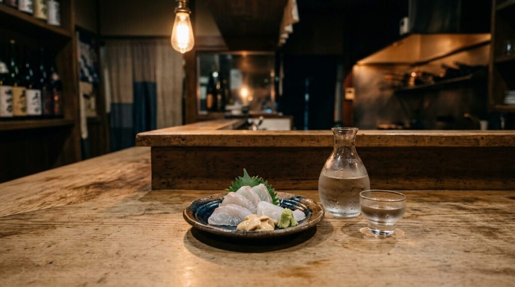 居酒屋のカウンターに置かれた白身魚の刺身と冷えた地酒