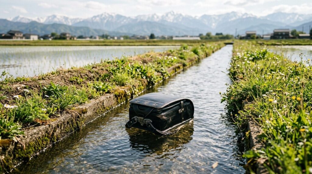 春の田んぼの用水路に浮かぶ古い革のランドセル