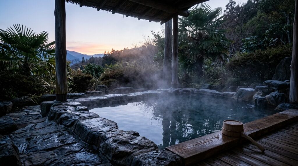 夜明けの誰もいない露天風呂と立ちのぼる湯気