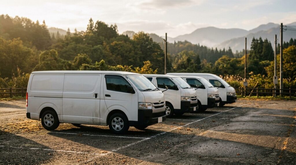 朝の光の中、白い商用バンが並ぶ駐車場