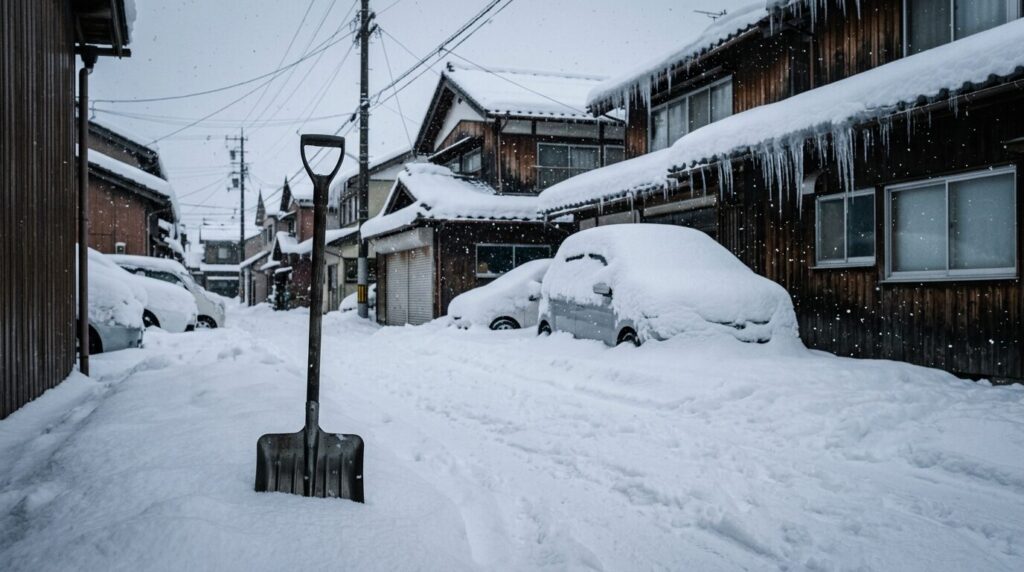大雪の朝、雪にすっかり埋まった車と住宅街