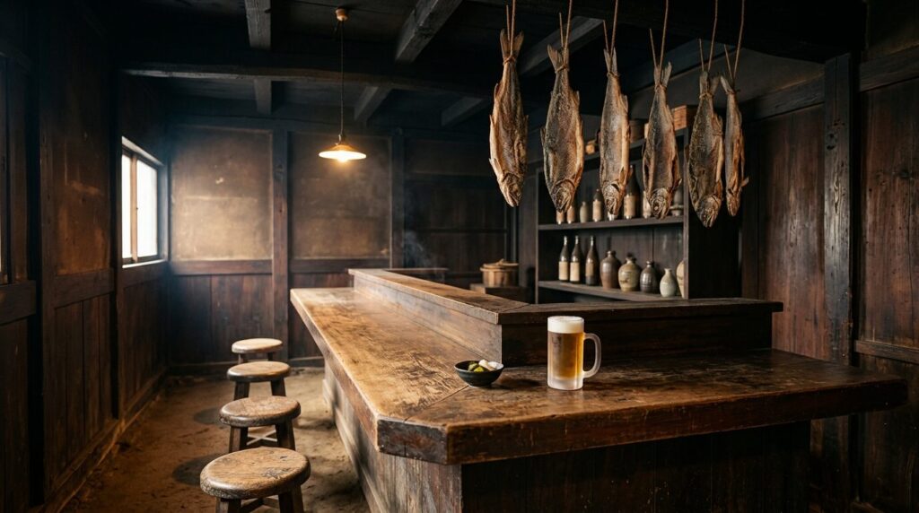 昭和の大衆居酒屋の店内。天井から吊るされた干した鮭と年季の入ったカウンター