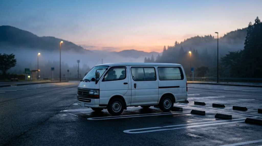 手品の効用 1 夜明けの高速道路サービスエリアの駐車場に停まった白いバン