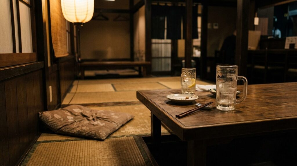 深夜の居酒屋の座敷。空になったジョッキとハイボールのグラス