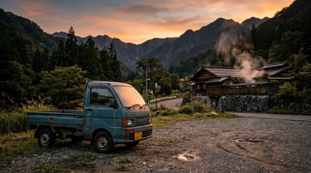 夕暮れの山あいの温浴施設の駐車場に停まった軽トラック