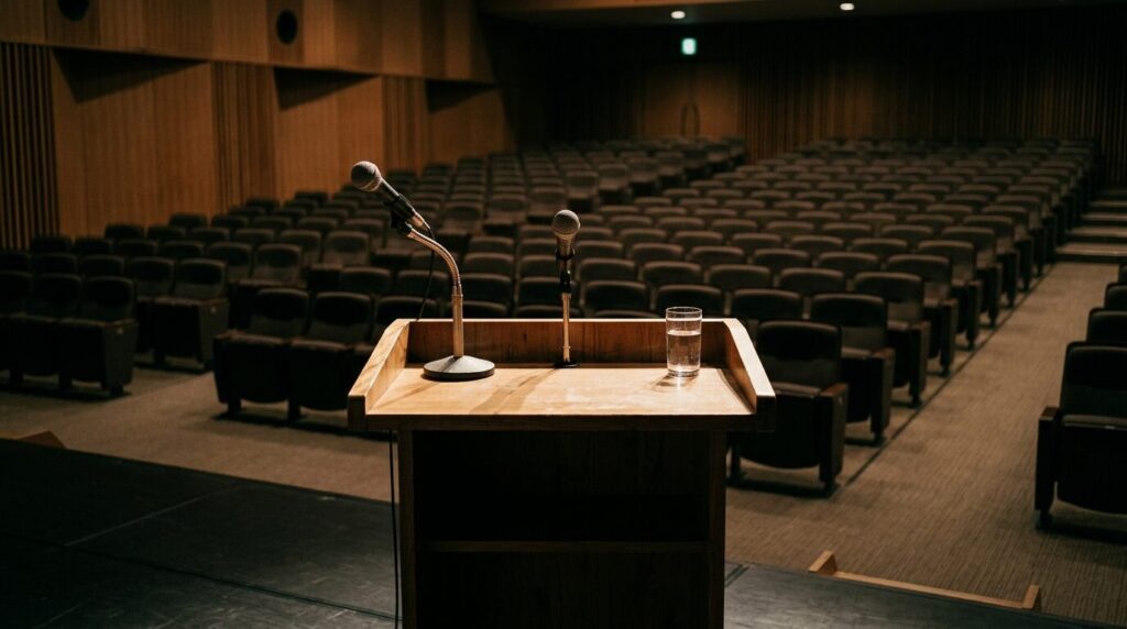 講演会場の演台とマイク、無人の客席