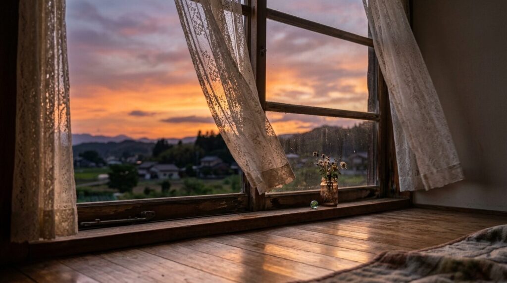 子ども部屋の窓辺から見上げた夕暮れの空と雲