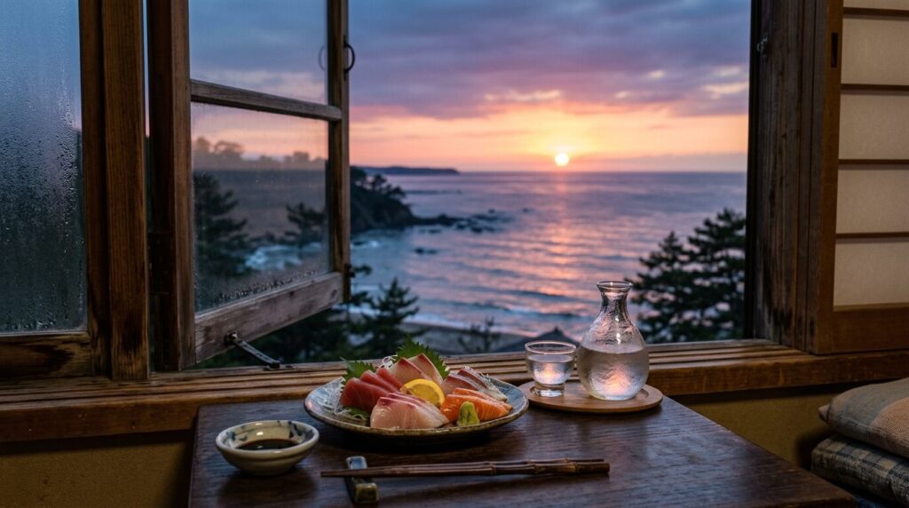 海辺の温泉宿の窓辺。刺身と冷酒、夕暮れの海