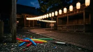 夏祭りの夜。提灯の灯りの下に転がる色とりどりの細長い風船