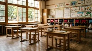 誰もいない小学一年生の教室。小さな木の机と椅子が並び、大きな窓から光がさしこむ。壁にはひらがな表や子どもの絵、棚にはランドセル。手前の机にふでばことノート