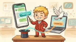 スマホの公式LINE「友だち追加」ボタンをステッキで引き出し、パソコンのお問い合わせボタンとつなぐマジシャン・コンプレッサーのチビキャラ風イラスト