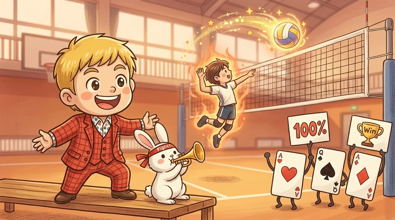 クラブチームのバレーボールで残りわずかな試合に熱が入る中学生たちと、客席で嬉しそうに応援するマジシャン・コンプレッサーのチビキャラ風イラスト。人間ならではの熱を描いた温かい雰囲気