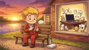 川沿いのベンチで一息つきながらスマホでClaude CodeのAIエージェントに指示を出すマジシャン・コンプレッサーのチビキャラ風イラスト