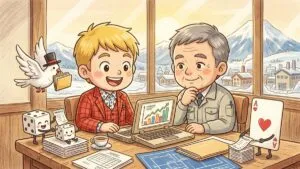 富山の中小企業の経営者とAI導入の相談をする様子のイラスト