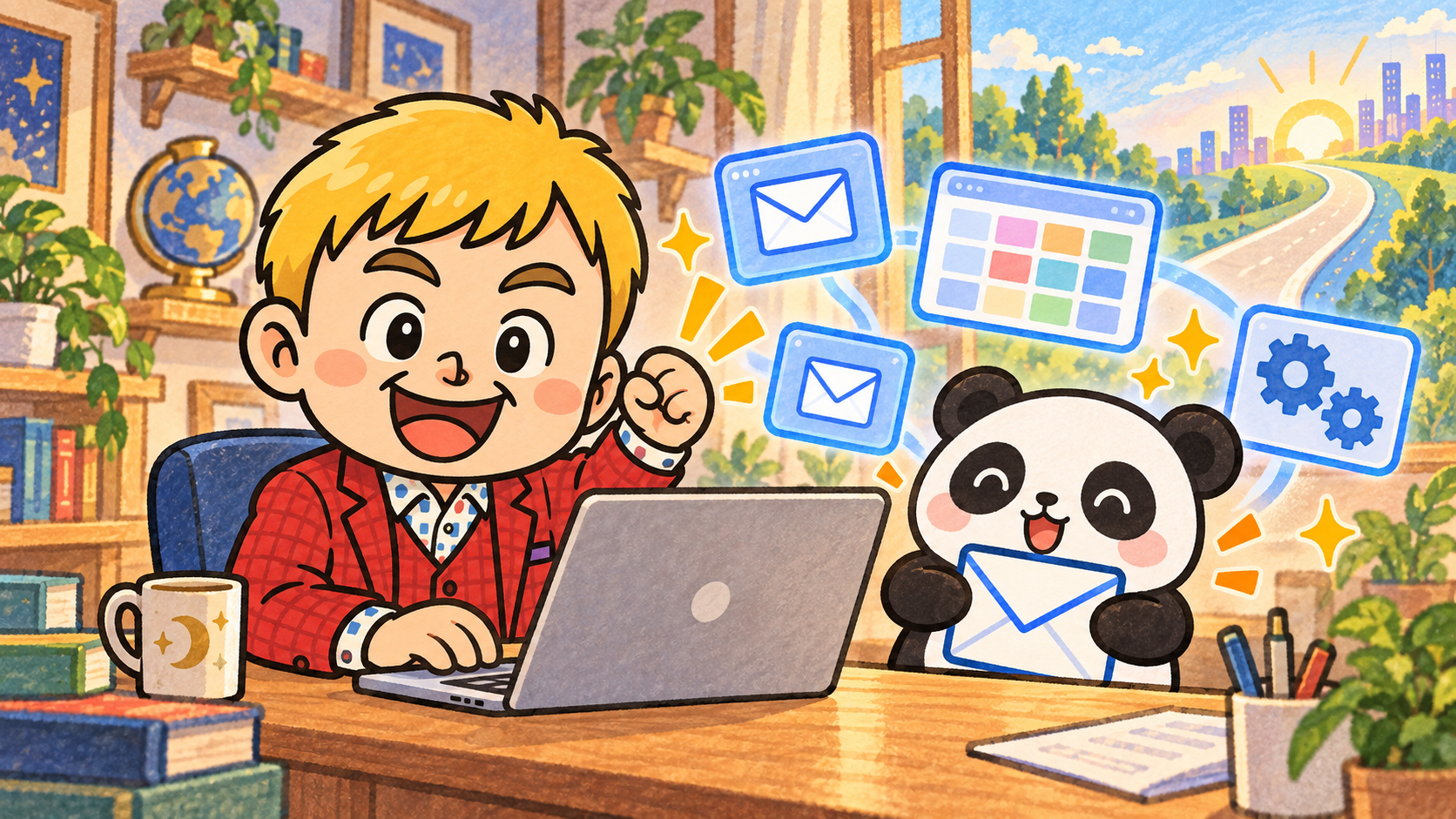 赤いチェックのスーツを着た金髪のマジシャン・コンプレッサーが、パンダと一緒にメール整理AIアプリ作りを楽しむImage 2のチビキャライラスト