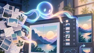光るAIのキャラクターが、写真や色見本などの素材をデザインソフトの画面へ流し込み、レイヤーごとに整理していくイメージイラスト