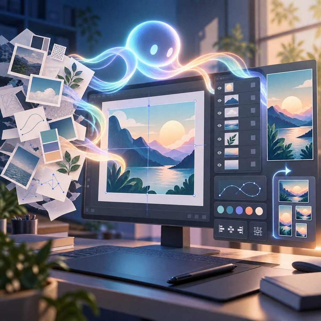 光るAIのキャラクターが、写真や色見本などの素材をデザインソフトの画面へ流し込み、レイヤーごとに整理していくイメージイラスト