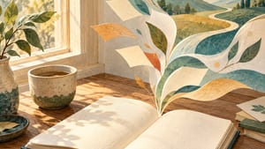 AIエージェント伴走支援のイメージイラスト。日の差す机の上に開いたノートがあり、ノートから舞い上がる紙と葉の先に、遠くの丘へ続く一本道が描かれている