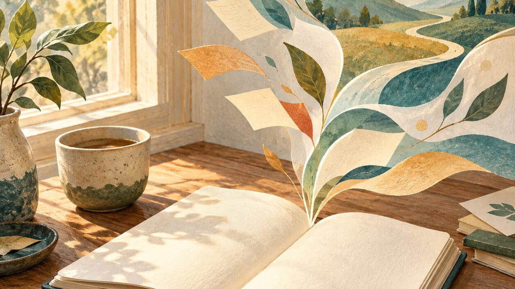 AIエージェント伴走支援のイメージイラスト。日の差す机の上に開いたノートがあり、ノートから舞い上がる紙と葉の先に、遠くの丘へ続く一本道が描かれている