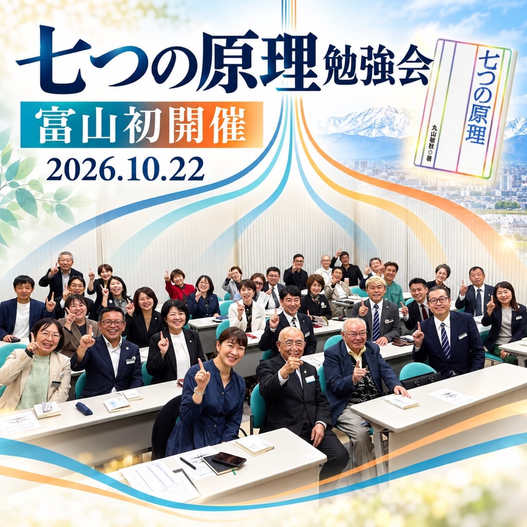 「七つの原理勉強会　富山初開催　2026.10.22」の文字と、テキスト『七つの原理』の表紙、勉強会の参加者の集合写真を組み合わせたイメージ画像